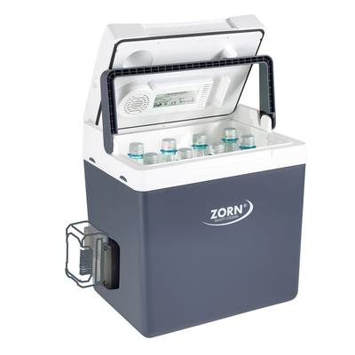 Une glacière ouverte contenant plusieurs bouteilles à l'intérieur. Le logo 'Zorn' est visible sur la porte du réfrigérateur.