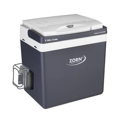 Une glacière grise avec un couvercle blanc, le nom de marque 'Zorn' bien visible. Un décapsuleur est fixé sur le côté. Parfaite pour les déplacements.