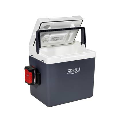 Glacière portable grise et blanche avec couvercle ouvert, nom de marque 'Zorn' sur la face avant, batterie fixée sur le côté.
