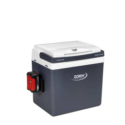 Glacière électrique de la marque Zorn, gris foncé avec des accents blancs, un chargeur rouge est fixé sur le côté.