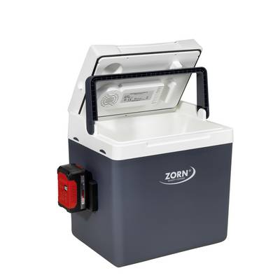 Glacière avec couvercle ouvert, un module alimenté par batterie fixé sur le côté. Logo 'ZORN'. Design utilitariste et moderne.