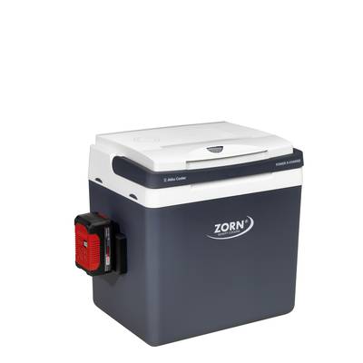 Une glacière portable rectangulaire de couleur gris foncé avec un couvercle blanc et un bloc-batterie rouge sur le côté. Le nom de marque 'ZORN' est visible.
