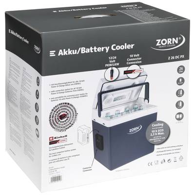 Glacière avec étiquette 'Akku/Battery Cooler'. Indique les détails de compatibilité avec 12/24 volts, Einhell Power-X-Change, et les durées de refroidissement.