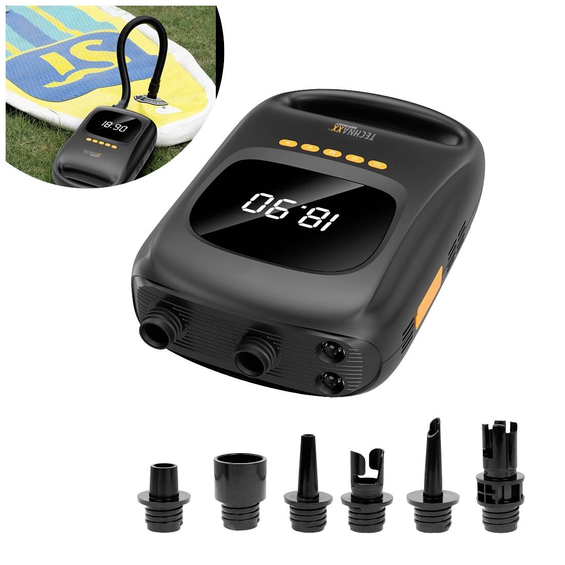 Pompe à air électrique avec affichage numérique et plusieurs embouts, adaptée au gonflage d'accessoires de sports nautiques gonflables.