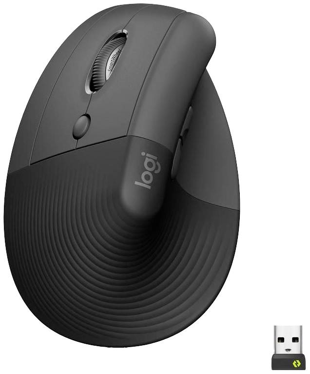 Une souris d'ordinateur verticale ergonomique en noir avec un dongle USB. Conçue pour une position de main confortable et une utilisation améliorée.