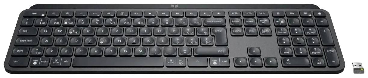 Clavier noir sans fil QWERTZ avec disposition complète des touches et récepteur USB à côté.