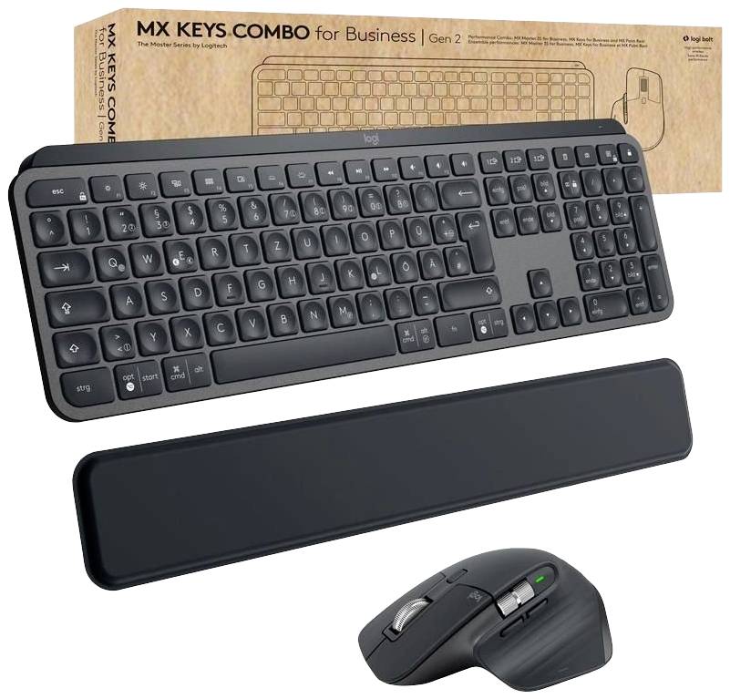 Combinaison souris et clavier sans fil avec repose-poignets en noir, adaptée à une utilisation professionnelle, modèle 'MX Keys Combo'.