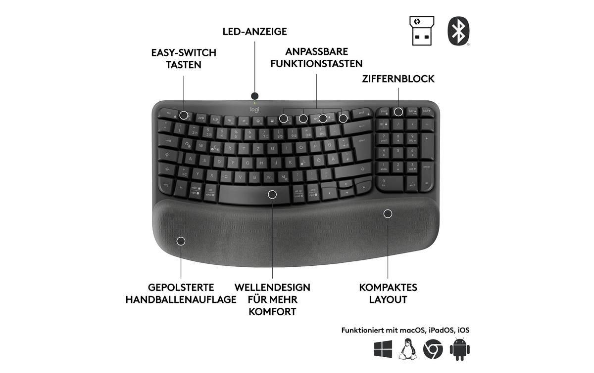 'Clavier avec repose-poignets rembourré, affichage LED, touches Easy-Switch, touches de fonction personnalisables et pavé numérique.'