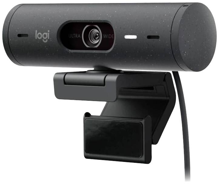 Webcam noire avec support et câble, vue de face. Marquage 'Ultra Wide' au-dessus de l'objectif.