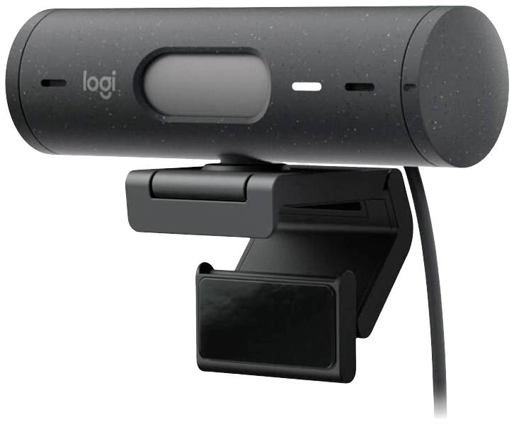 Webcam noire avec support, forme cylindrique, marquée "logi".