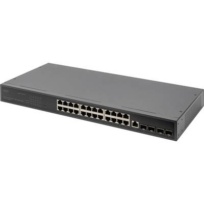 Un commutateur réseau noir avec 24 ports Ethernet et quatre ports supplémentaires pour les connexions à fibre optique, posé sur une surface.