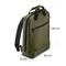 Sac à dos vert olive avec fermeture éclair, poignée de transport et deux sangles d'épaule. Dimensions : 44 cm x 36 cm x 12 cm.