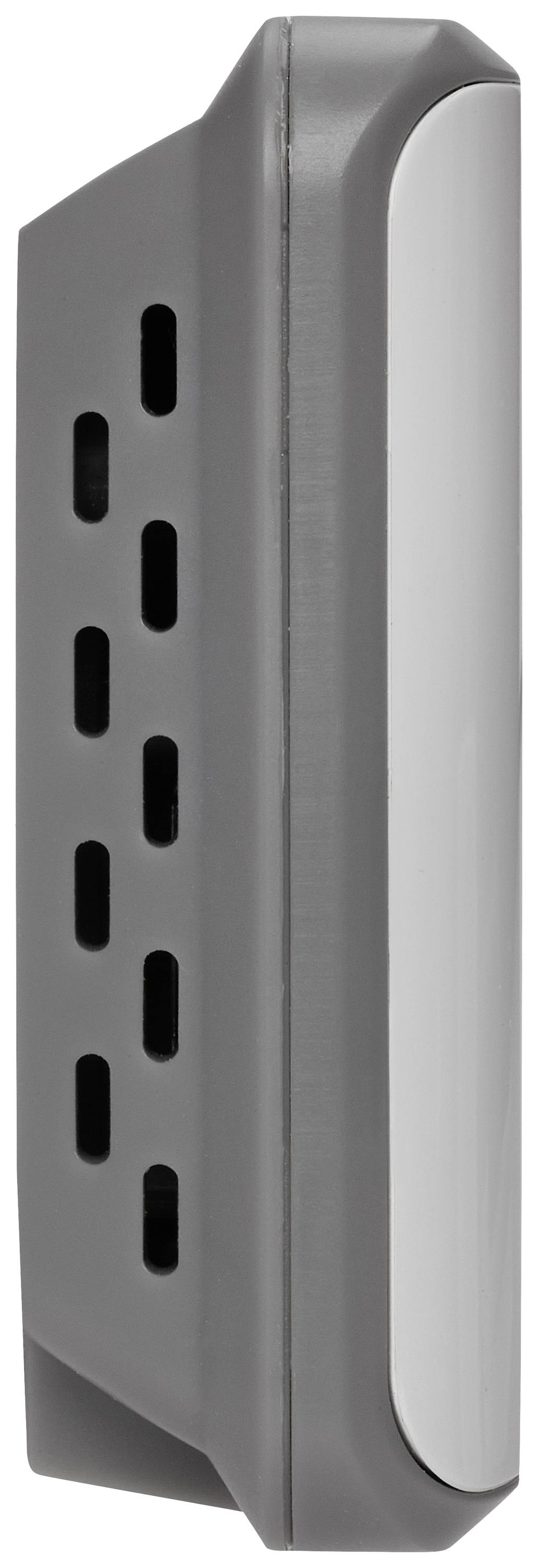 Appareil gris et moderne avec des fentes de ventilation verticales et des bords arrondis, probablement un accessoire électronique.