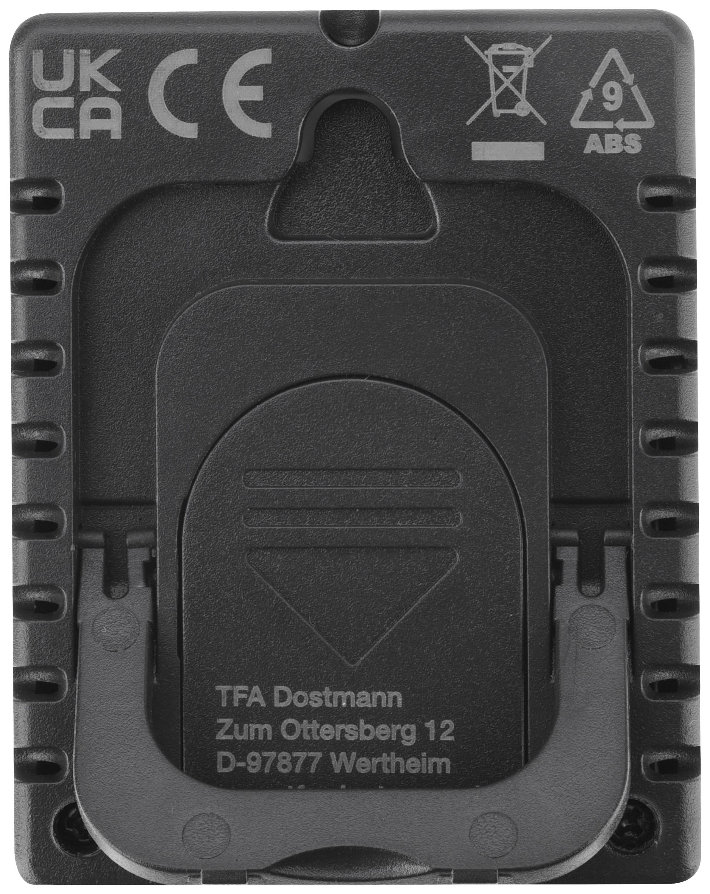 Arrière d'un appareil portant les marquages CE et UKCA. Contient l'adresse de l'entreprise : 'TFA Dostmann, Zum Ottersberg 12, D-97877 Wertheim'.
