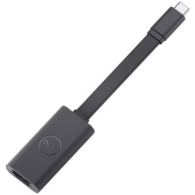 Adaptateur Dell USB-C vers HDMI. Design rectangulaire noir avec un câble court. Adaptateur pour la lecture vidéo sur écrans HDMI.