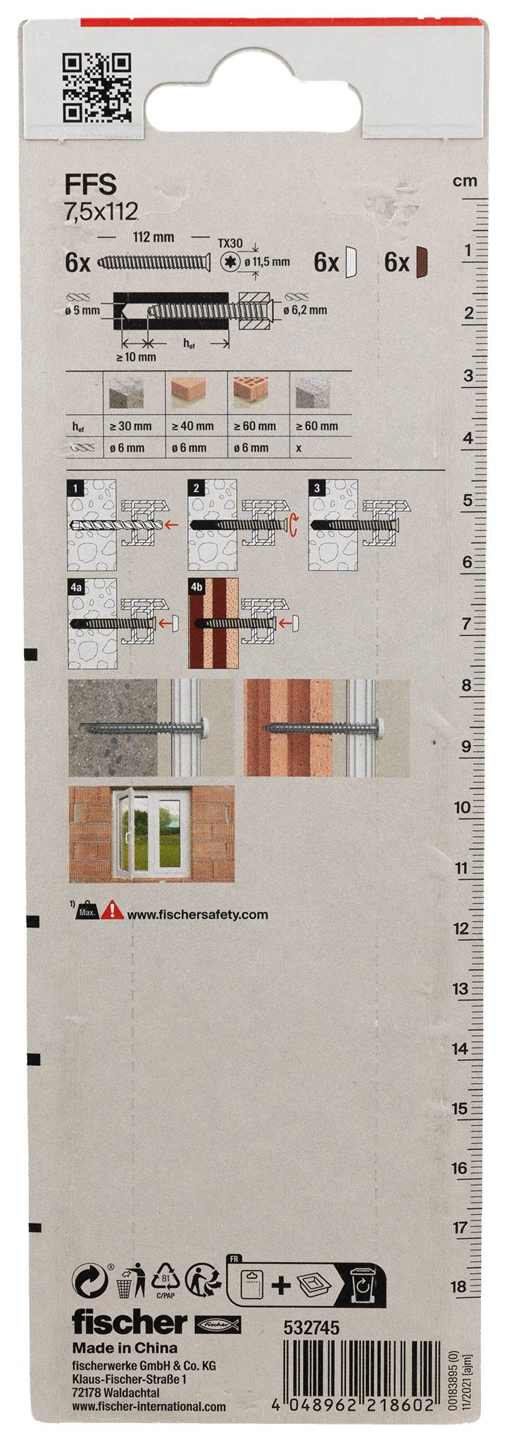Emballage pour système de fixation fischer FFS 7.5x112, affichant une quantité de 6, des diagrammes d'installation, des dimensions et la marque du produit.