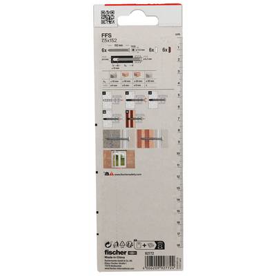 Emballage arrière de quincaillerie de montage Fischer FFS 7.5x152, montrant la taille, les diagrammes d'installation, les exemples d'utilisation et une échelle de règle métrique.