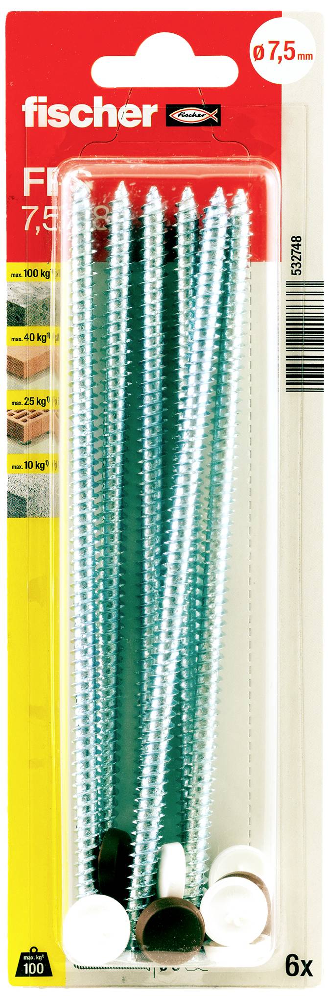 Emballage de chevilles et vis Fischer. Contient 6 pièces, convient pour des charges jusqu'à 50 kg. L'emballage présente un design rouge et jaune.