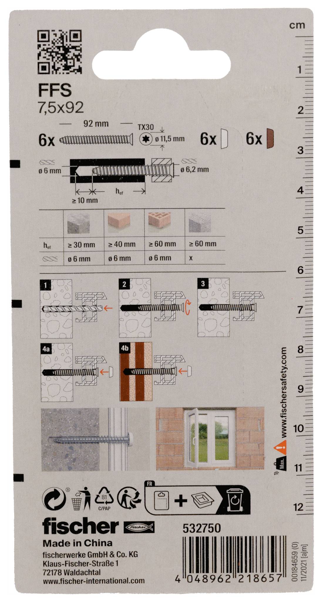 Chevilles murales Fischer FFS 7,5x92, montrant 6 chevilles, longueur 92 mm, diamètre de forage 6 mm, étapes d'installation et code-barres.