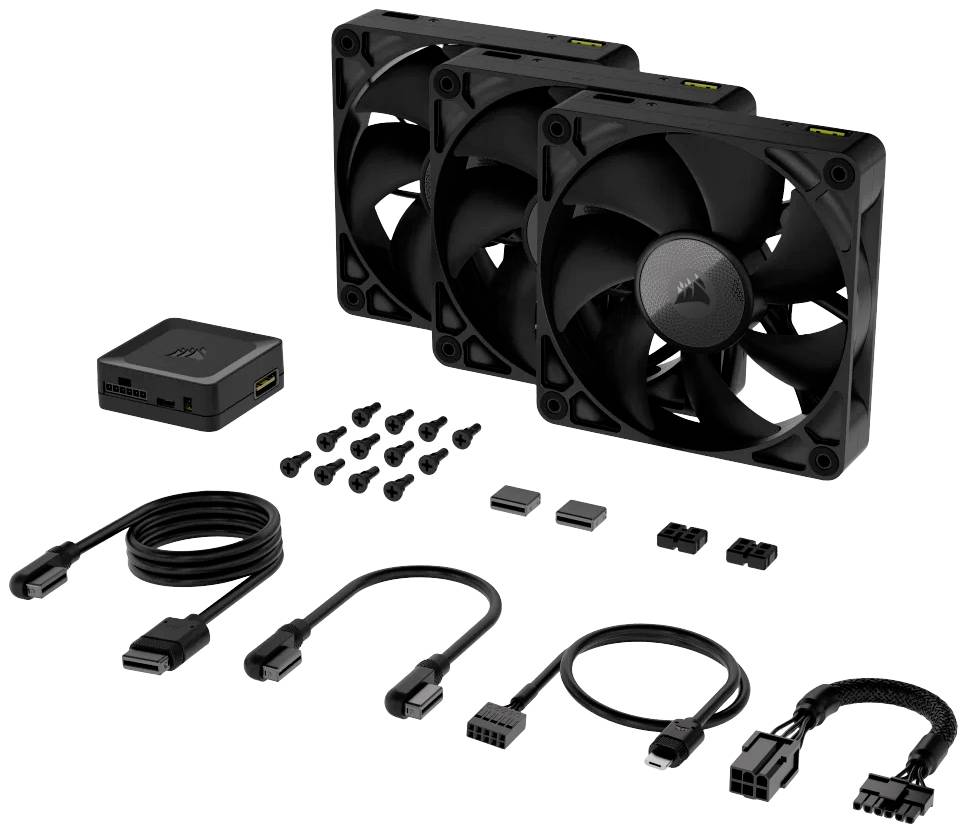 Ensemble de ventilateurs pour PC comprenant trois ventilateurs noirs, des câbles, des vis et un boîtier de contrôle destinés à améliorer le refroidissement et à gérer la vitesse des ventilateurs dans les ordinateurs.