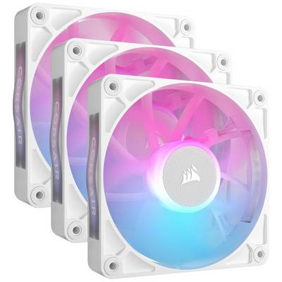 Trois ventilateurs d'ordinateur blancs avec un éclairage RVB multicolore, disposés en ligne diagonale.