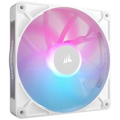 Ventilateur de PC avec un cadre blanc, affichant un éclairage LED coloré en rose et bleu. Logo de la marque au centre du ventilateur.