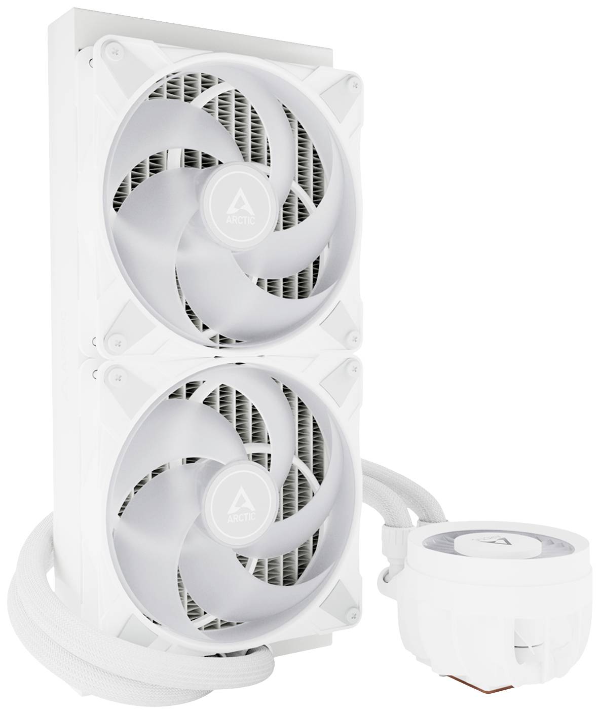 Un système de refroidissement à eau blanc pour ordinateur, composé de deux ventilateurs et d'un bloc de refroidissement. Il est utilisé pour abaisser la température du processeur.