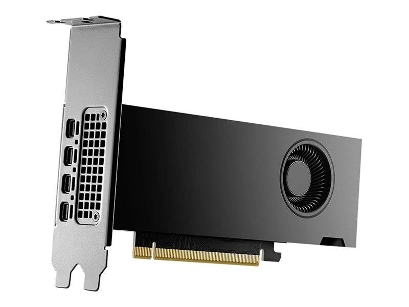 Une carte graphique noire avec ventilateur, connecteur PCIe et plusieurs sorties d'affichage, adaptée à l'installation dans un ordinateur.