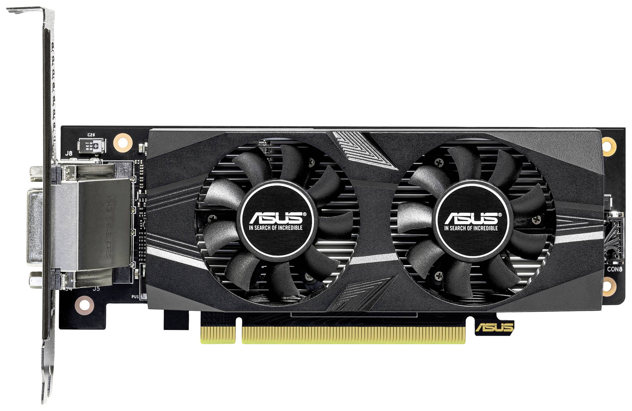Carte graphique ASUS avec deux ventilateurs, connecteur PCIe et sorties DVI, HDMI, DisplayPort. Conçue pour ordinateurs de bureau.