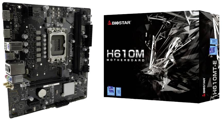 Carte mère 'H610M' de Biostar à côté de son emballage. À gauche, la carte électronique avec de nombreux emplacements et connecteurs, à droite l'emballage noir avec un motif argenté.