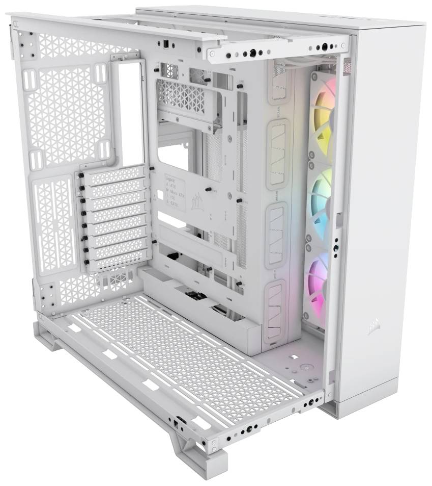 Boîtier PC blanc sans composants, panneau latéral transparent, ventilateur arrière avec éclairage RVB. Adapté pour les PC de gaming.