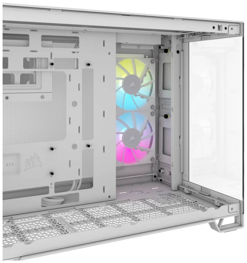 Un boîtier d'ordinateur ouvert avec deux ventilateurs LED intégrés qui brillent dans différentes couleurs ; montre l'intérieur et la ventilation.