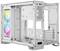 Un boîtier PC blanc avec deux ventilateurs RGB sur la façade. Le boîtier est ouvert, montrant la structure interne pour le montage des composants.