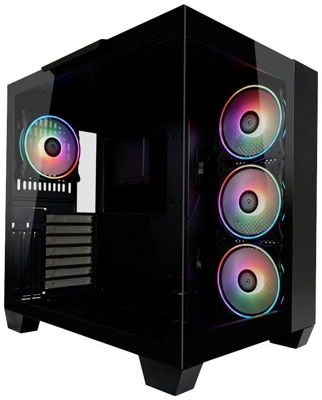 Un boîtier d'ordinateur noir avec une fenêtre latérale présente quatre ventilateurs RGB lumineux de différentes couleurs. Aucun composant interne n'est visible.