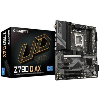 Carte mère et emballage 'GIGABYTE Z790 DAX'. La carte principale présente plusieurs connecteurs et emplacements, mis en valeur par le design 'Ultra Durable'.