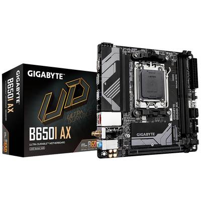 'GIGABYTE B650I AX Ultra Durable Motherboard' : Une carte mère compacte est illustrée avec son emballage. Convient aux processeurs AMD Ryzen série 7000.