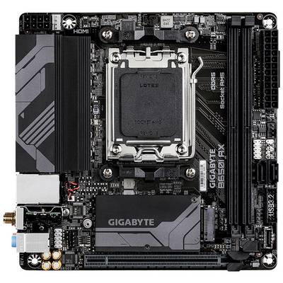 Carte mère d'ordinateur compacte avec logo Gigabyte, plusieurs ports et un socket CPU, adaptée aux PC hautes performances.