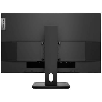 Vue arrière d'un moniteur Lenovo au design sobre et noir, avec un socle rectangulaire et un bras de support central.