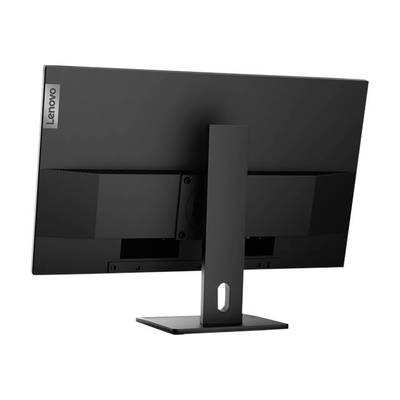 Un moniteur Lenovo noir vu de dos. Le socle est fixé au centre, et le logo Lenovo est visible à gauche.