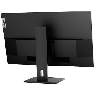 Un moniteur Lenovo noir vu de dos, posé sur un support rectangulaire, illustre le look épuré et moderne de l'appareil.