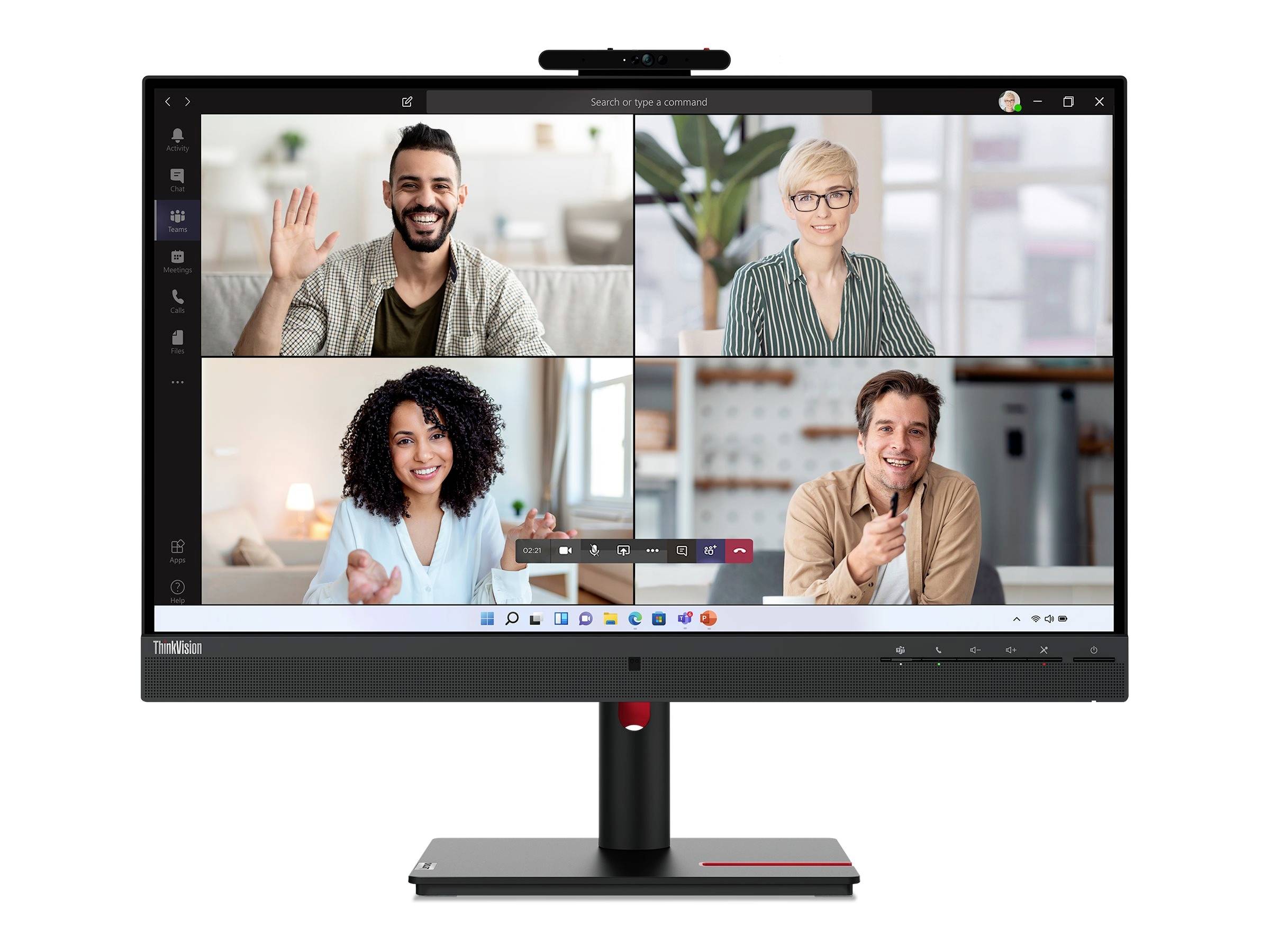 Un écran affiche une visioconférence avec quatre personnes dans des cadres séparés, souriant et faisant signe de la main. Des icônes de bureau sont visibles en bas de l'écran.