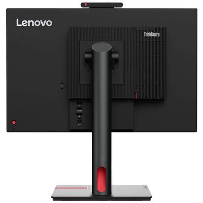 Vue arrière d'un moniteur Lenovo noir avec un socle rouge et différentes connexions.