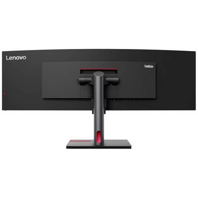 Un moniteur vu de dos avec l'inscription 'Lenovo' en haut à gauche et 'ThinkVision' en haut à droite. Le socle est centré au milieu.