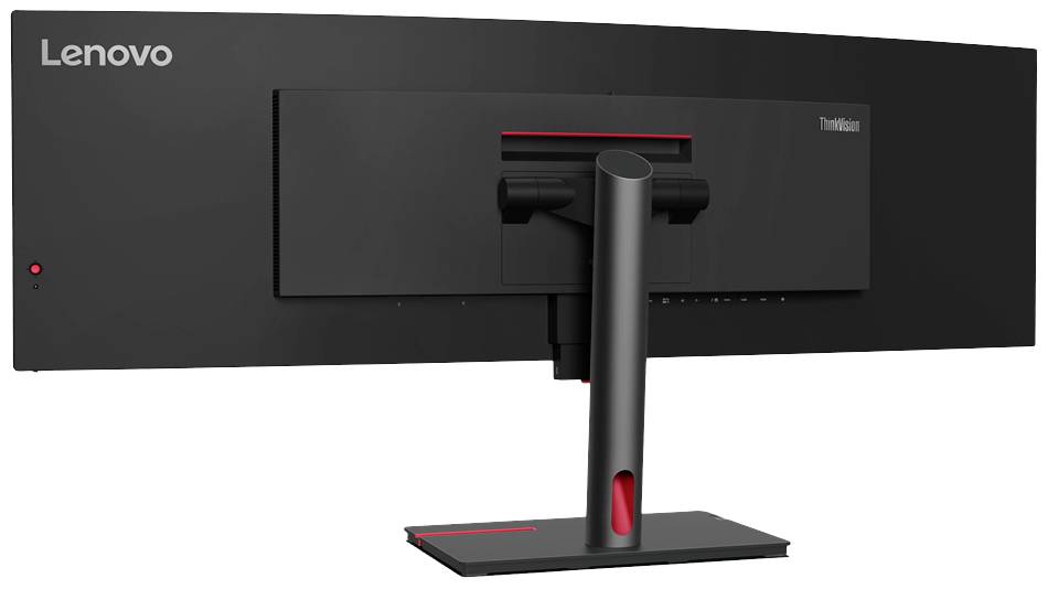 Un moniteur Lenovo ultra-large vu de dos, monté sur un socle, avec un accent rouge étroit et un boîtier noir.
