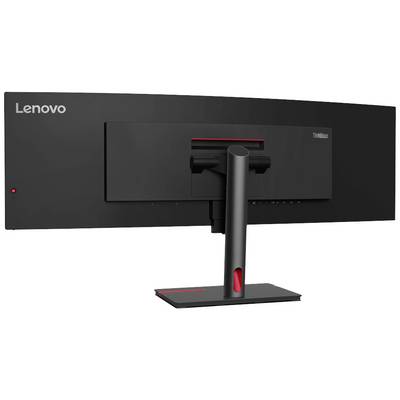 Un moniteur Lenovo ultra-large vu de dos, monté sur un socle, avec un accent rouge étroit et un boîtier noir.