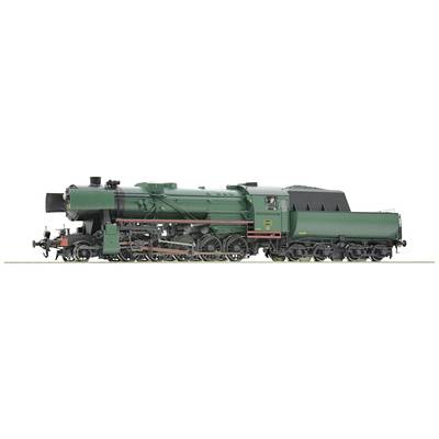 Train miniature vert d'une locomotive à vapeur avec une technique détaillée et un mécanicien dans la cabine de conduite, vue de côté.