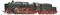 Une locomotive à vapeur noire avec des roues rouges et un tender à charbon est conduite par un mécanicien. Elle est sur un rail.