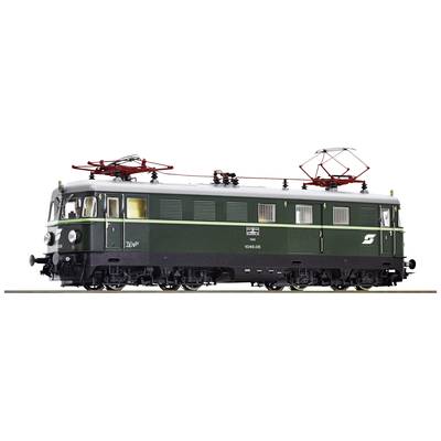 Un modèle vert d'une locomotive électrique historique, représenté de profil, avec des pantographes distinctifs sur le toit.
