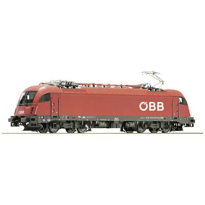 Locomotive électrique rouge des ÖBB, vue latérale, avec des pantographes visibles sur le toit, sur un fond blanc.