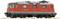 Locomotive SBB rouge avec deux pantographes et des détails noirs, vue de côté. Sur un fond gris.